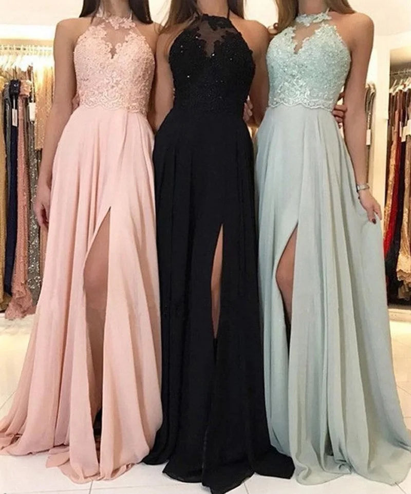 Dress Women Wedding Sexy Halter Lace Floral Sleeveless High Waist Evening Long Dresses Gown Vestidos Slim Fit Elegant
