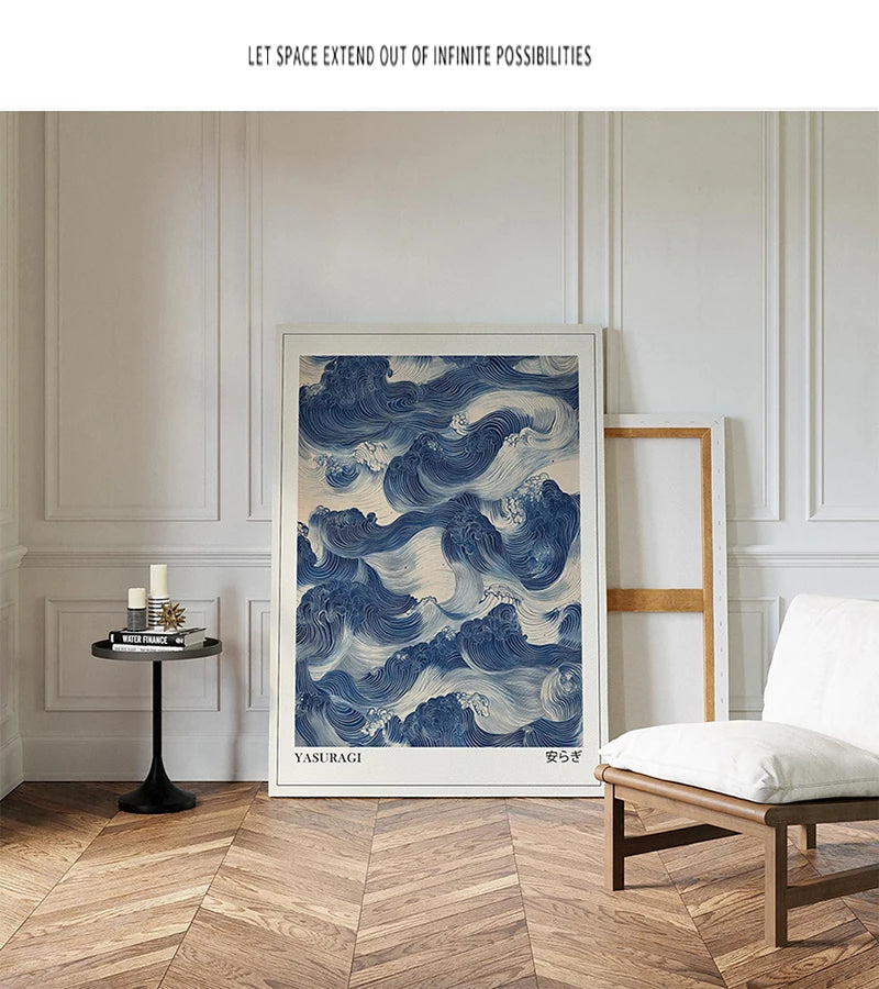 Print Poster Modern Minimalist Art Prints Home Decor Wall Gifts-unframed Japanese Retro Blue Wave Abstract Canvas