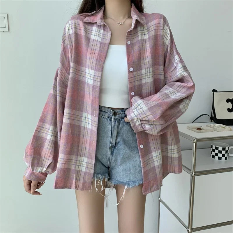 Plaid Shirt Women Long Sleeve Top Female Vintage Fashion Single Breasted Blouse Ladies Preppy Style Loose Check Shirts