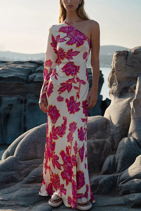 Fashion Rose Printed Satin Dress Womens Elegant High Waist  Boho Maxi Dress Sexy One Shoulder Long Sleeve Women Party Dresses