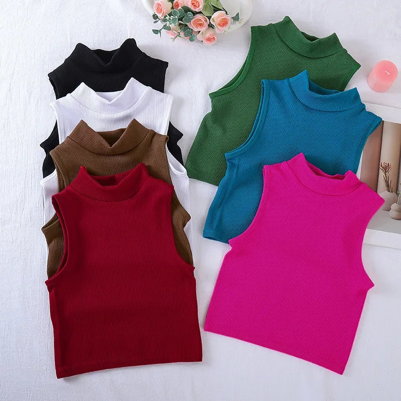 New Seamless Ribbed High Neck Sports Vest Full Wrap Vertical Stripes Running Fitness Yoga Women's Quick Dry Top Female