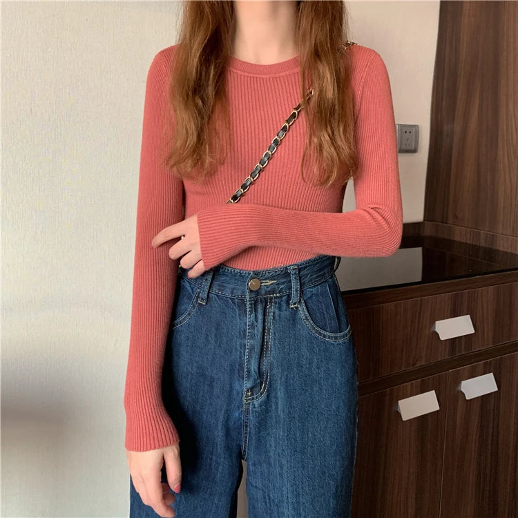 New Women Sweater  Long Sleeve Pullover Basic Top Fashion O-neck Elastic Female Winter Solid Knitted Jumper