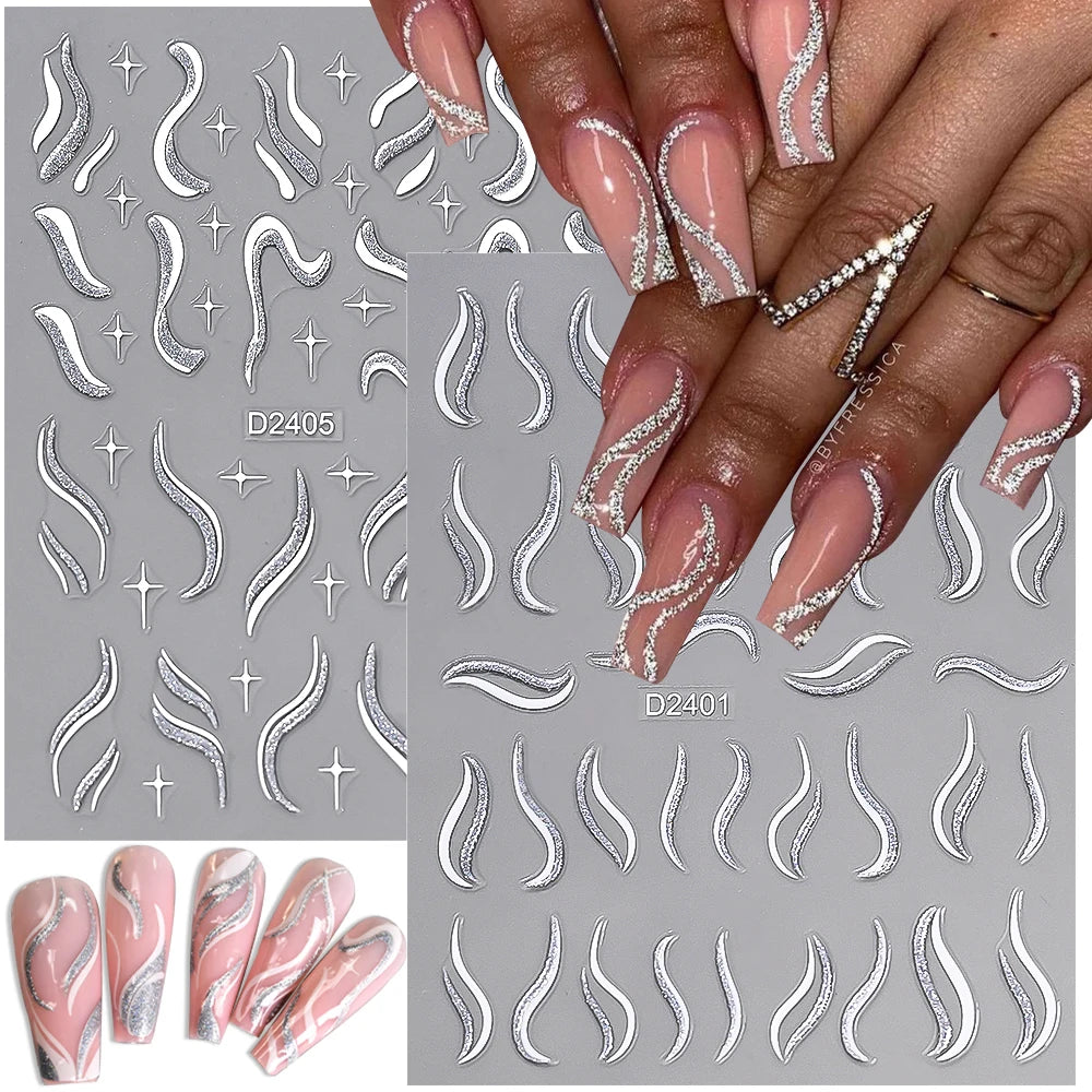Shiny Glitter French Lines Nails Stickers Waves Curve Ribbon White Gold Stripes Manicure Decals Nails Charming Decoration NK-324