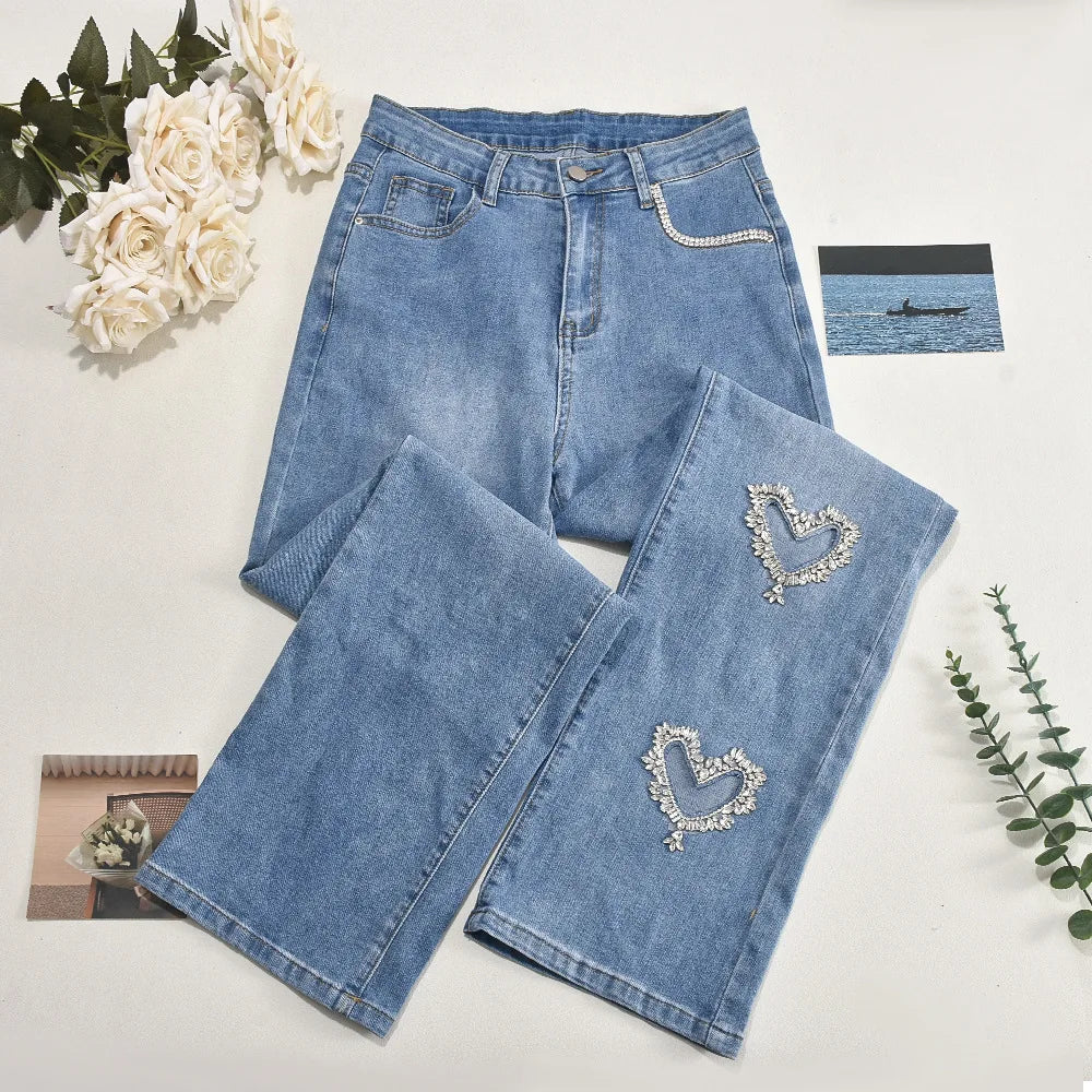 Women Stretch Jeans Ankle Length Jean Washed Denim Straight Pants High Waist Trousers Pockets Basics Hollow Solid Diamonds