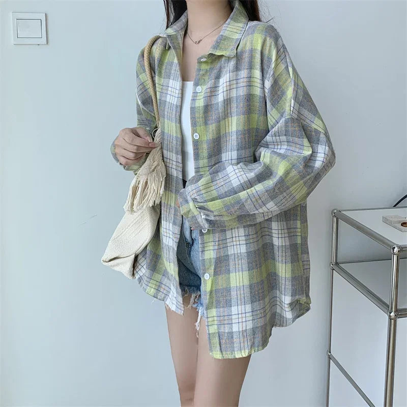 Plaid Shirt Women Long Sleeve Top Female Vintage Fashion Single Breasted Blouse Ladies Preppy Style Loose Check Shirts