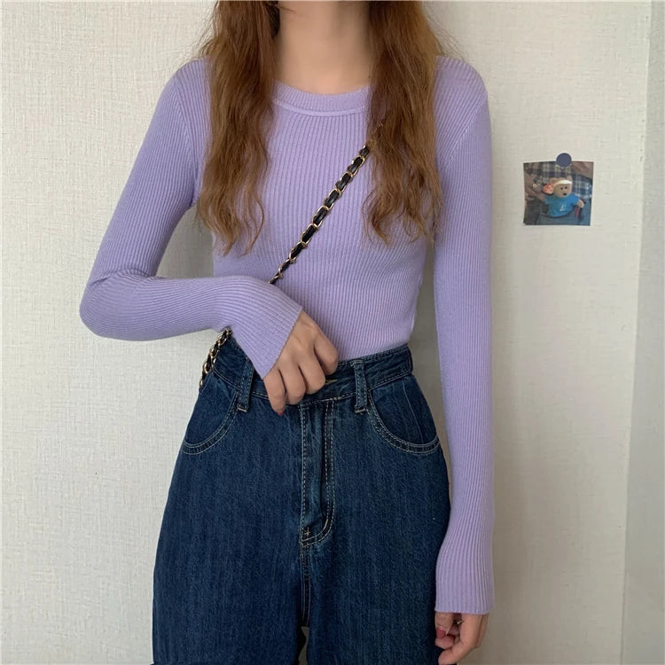 New Women Sweater  Long Sleeve Pullover Basic Top Fashion O-neck Elastic Female Winter Solid Knitted Jumper