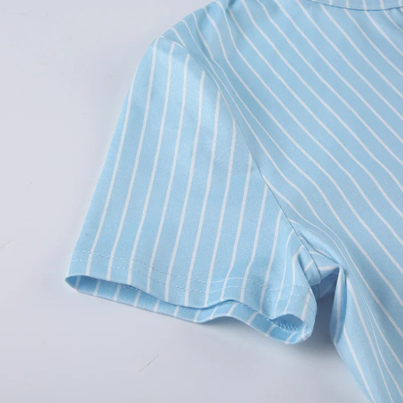 Blue White Stripe Polo Neck Button Splice Short Sleeve T Shirt Slim Fit Curves Sensation Outerwear