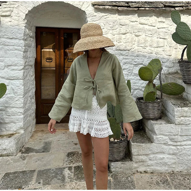 Cotton Linen Lace Up Bow Shirts Women Loose Hollow Out V Neck Long Sleeve Tops Female 2026 Spring New Lady Streetwear Top