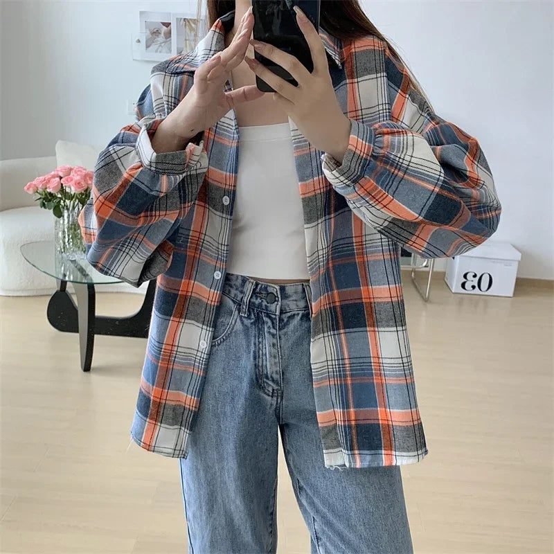 Plaid Shirt Women Long Sleeve Top Female Vintage Fashion Single Breasted Blouse Ladies Preppy Style Loose Check Shirts