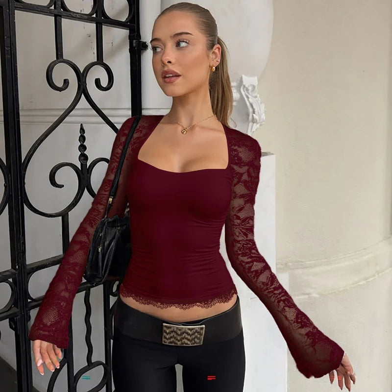 Hugcitar Women Fashion Square Collar Patchwork Lace Floral Print Long Sleeve Sexy Crop T-Shirt Sheer Summer Clothes Party Club