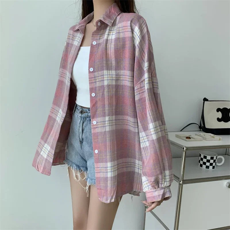Plaid Shirt Women Long Sleeve Top Female Vintage Fashion Single Breasted Blouse Ladies Preppy Style Loose Check Shirts