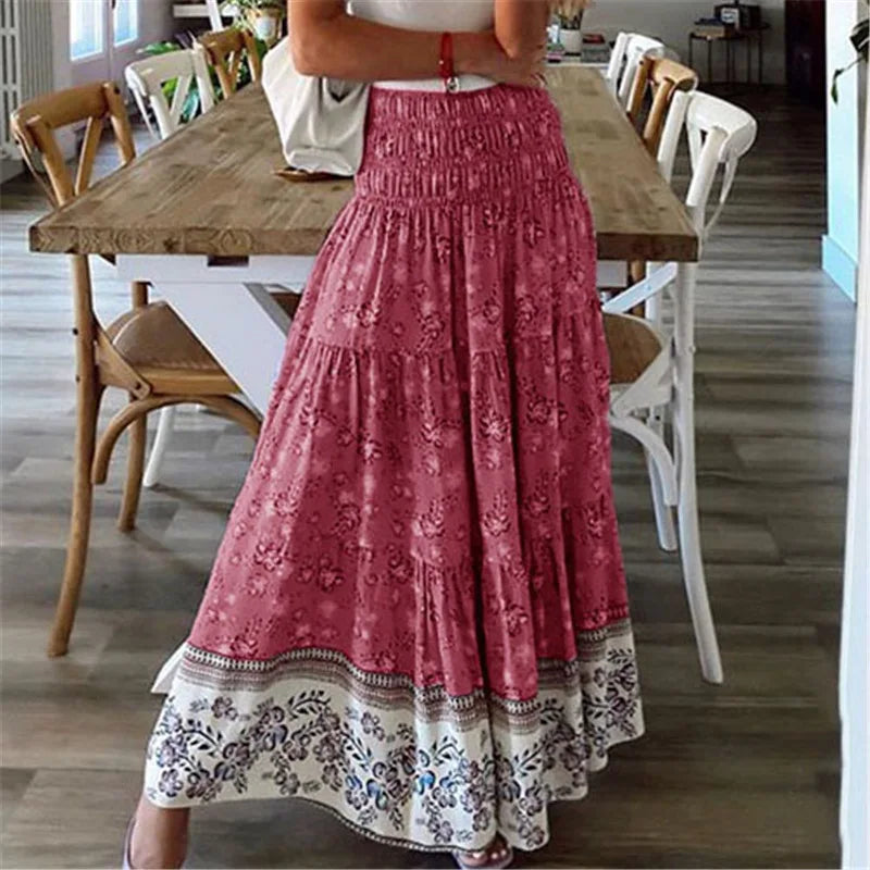 Fashion Women Skirts New Casual All-match Skirt Loose Elastic Waist Floral Print Ethenic Style Boho Skirt Bohemian Style Skirt