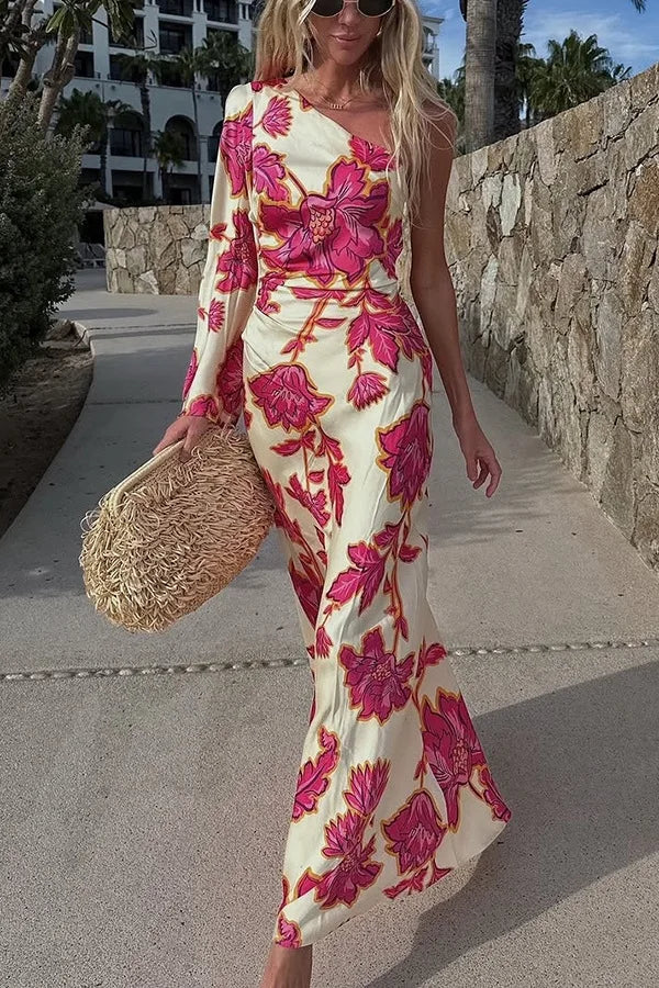 Fashion Rose Printed Satin Dress Womens Elegant High Waist  Boho Maxi Dress Sexy One Shoulder Long Sleeve Women Party Dresses