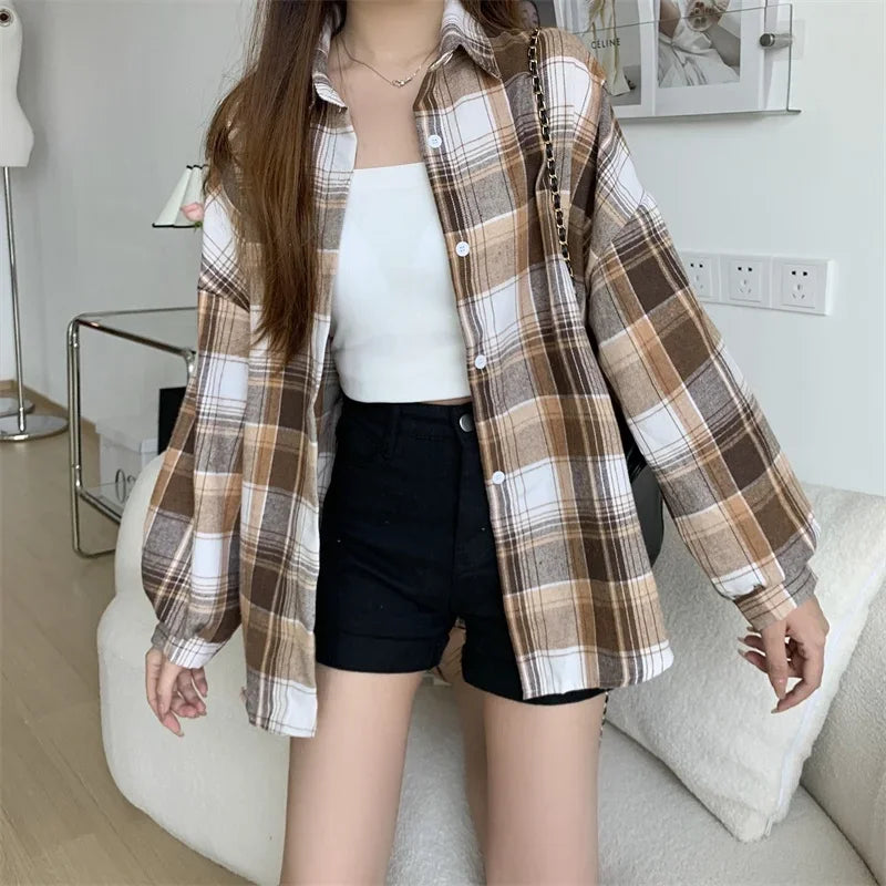 Plaid Shirt Women Long Sleeve Top Female Vintage Fashion Single Breasted Blouse Ladies Preppy Style Loose Check Shirts