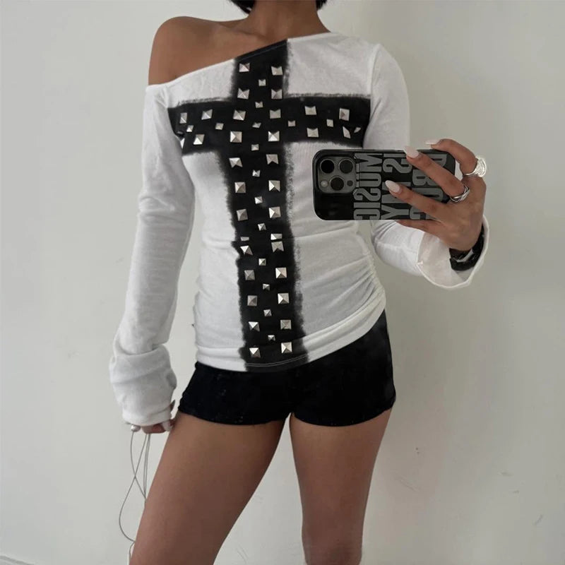 Y2K Gothic Women's Long-Sleeve T-Shirt Sexy Slim Chic Trendy Cross-Print Asymmetrical Neck Top Grunge Harajuku Female Streetwear