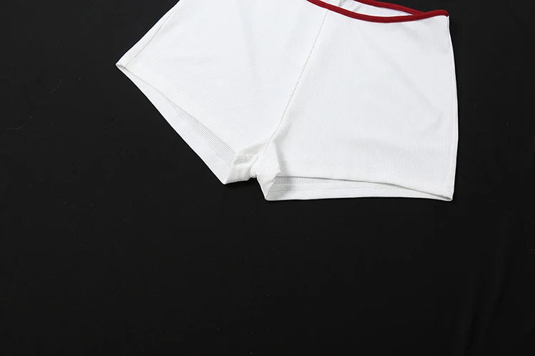 Kliou Contrast Color Patchwork 2 Piece Set Woman Low-Neck Backless Crop Tops+Skinny Shorts Daily Home Style Simple Fashion Suits