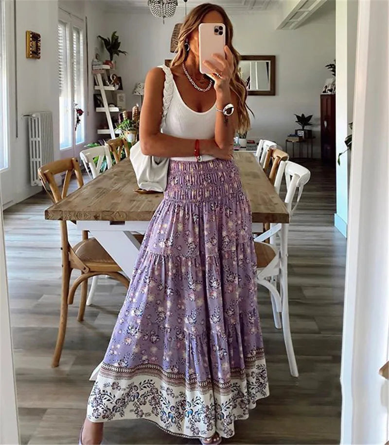 Fashion Women Skirts New Casual All-match Skirt Loose Elastic Waist Floral Print Ethenic Style Boho Skirt Bohemian Style Skirt