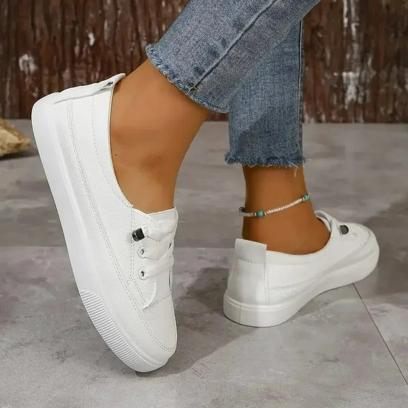 Women Sneakers Pu Leather Casual Shoes Round Toe Shallow Flat Shoes Fashion Outdoor Loafers White Slip On Women Vulcanize Shoes