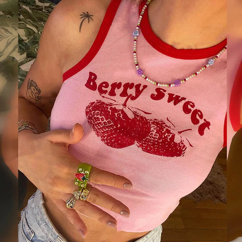 Pink Print Y2k Tank Top Summer Off Shoulder O Neck Sleeveless Fashion 90s Vintage Crop Tops Women Casual Sexy