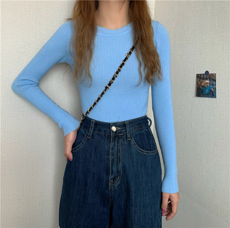 New Women Sweater  Long Sleeve Pullover Basic Top Fashion O-neck Elastic Female Winter Solid Knitted Jumper