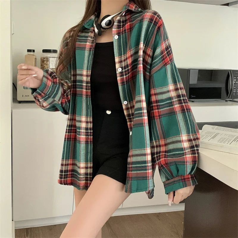 Plaid Shirt Women Long Sleeve Top Female Vintage Fashion Single Breasted Blouse Ladies Preppy Style Loose Check Shirts