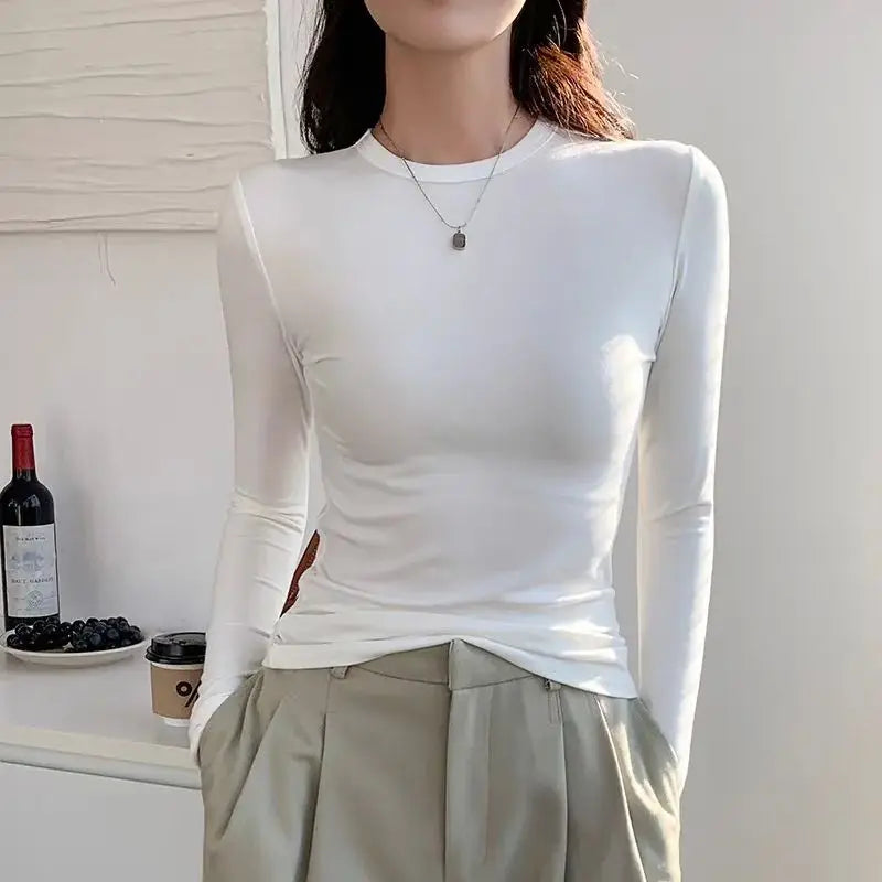 Cotton Women Long Sleeve T-shirt Solid O Neck Slim Base Layer Shirt Autumn New Casual Skinny Bottoming Shirt Sexy Cropped Tops