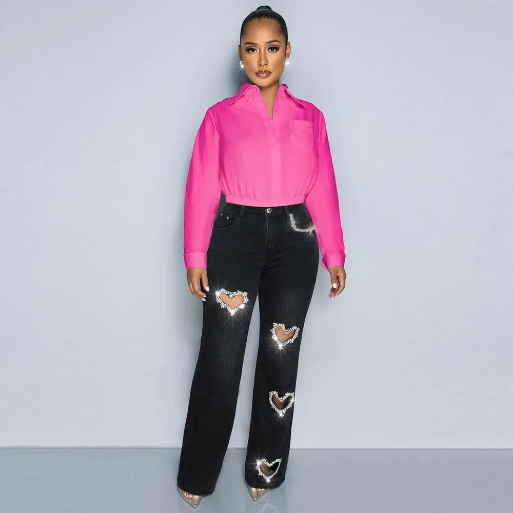 Women Stretch Jeans Ankle Length Jean Washed Denim Straight Pants High Waist Trousers Pockets Basics Hollow Solid Diamonds
