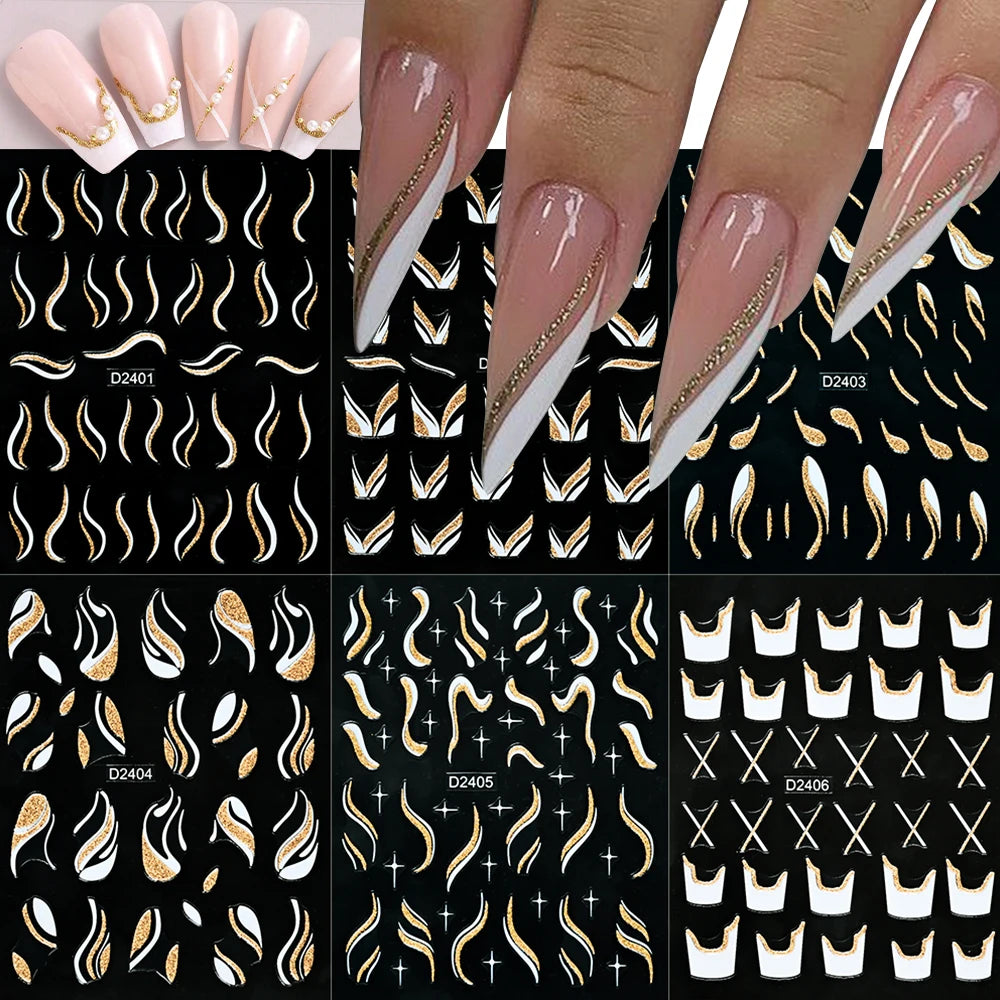 Shiny Glitter French Lines Nails Stickers Waves Curve Ribbon White Gold Stripes Manicure Decals Nails Charming Decoration NK-324