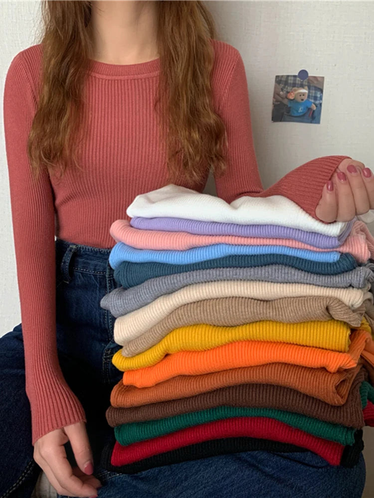 New Women Sweater  Long Sleeve Pullover Basic Top Fashion O-neck Elastic Female Winter Solid Knitted Jumper