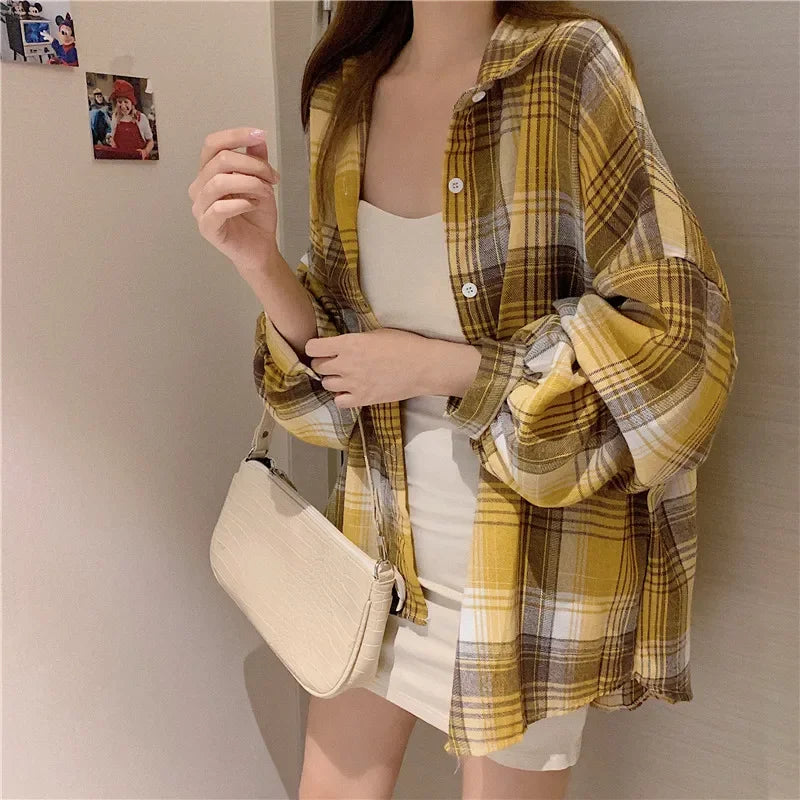 Plaid Shirt Women Long Sleeve Top Female Vintage Fashion Single Breasted Blouse Ladies Preppy Style Loose Check Shirts