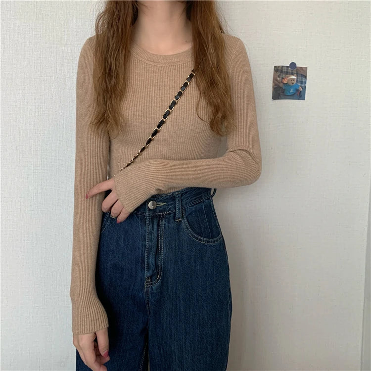 New Women Sweater  Long Sleeve Pullover Basic Top Fashion O-neck Elastic Female Winter Solid Knitted Jumper