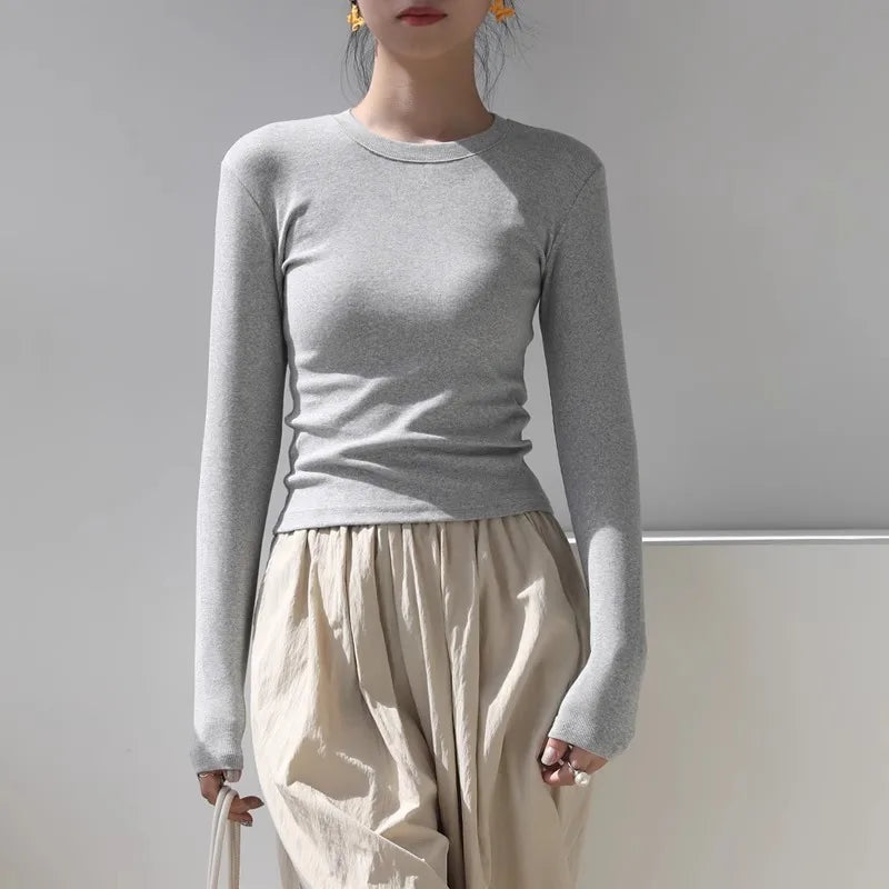 Cotton Women Long Sleeve T-shirt Solid O Neck Slim Base Layer Shirt Autumn New Casual Skinny Bottoming Shirt Sexy Cropped Tops