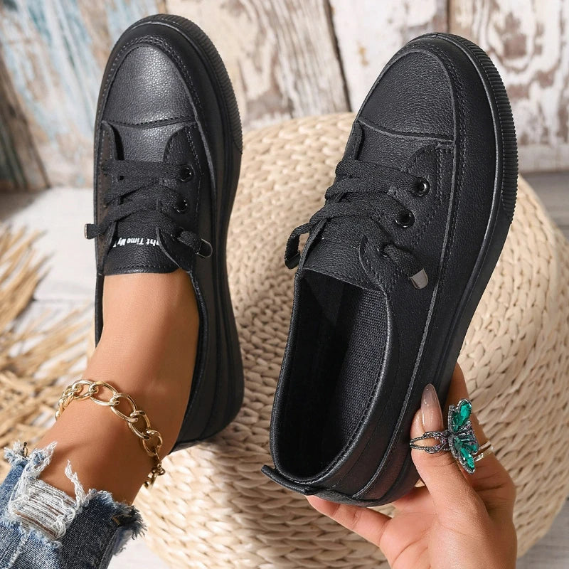 Women Sneakers Pu Leather Casual Shoes Round Toe Shallow Flat Shoes Fashion Outdoor Loafers White Slip On Women Vulcanize Shoes