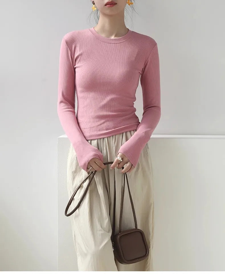 Cotton Women Long Sleeve T-shirt Solid O Neck Slim Base Layer Shirt Autumn New Casual Skinny Bottoming Shirt Sexy Cropped Tops