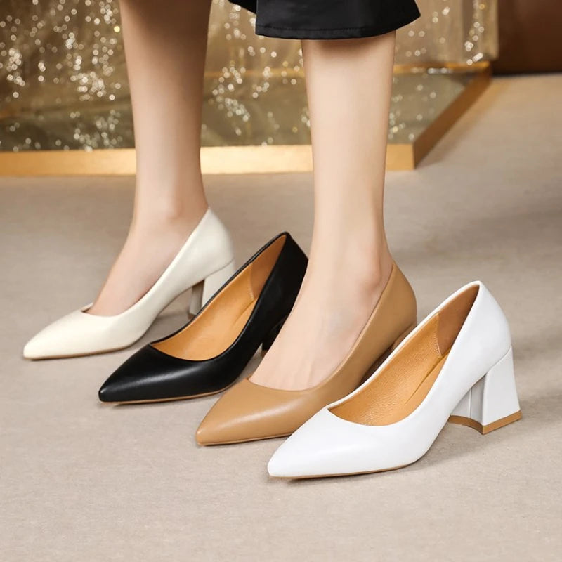 Large high-heeled shoes women new style thick-heeled pointed light-mouthed single black mid-heeled working women's shoes