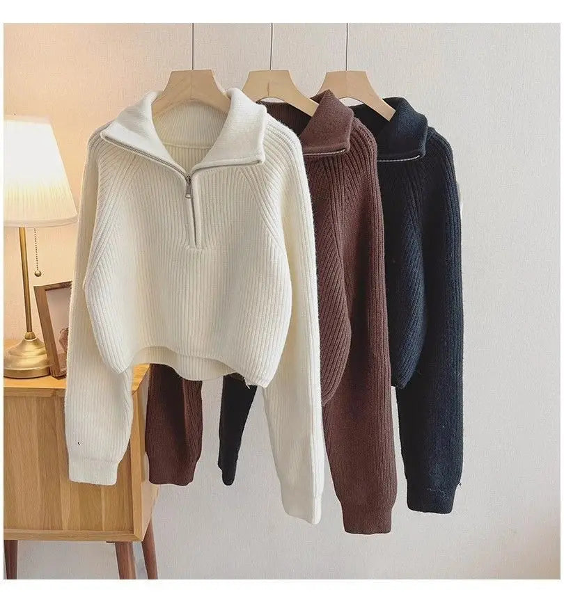 2024 Autumn Style Versatile Basics Half-zipper Loose Lapel Winter Long-sleeved Lazy Sweater Pullover Top