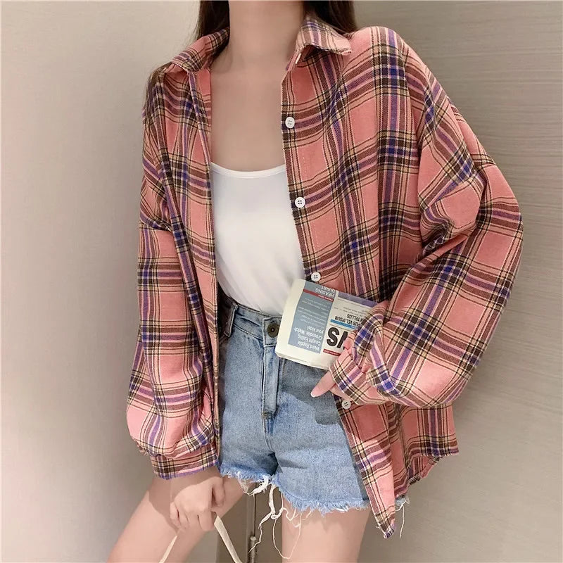 Plaid Shirt Women Long Sleeve Top Female Vintage Fashion Single Breasted Blouse Ladies Preppy Style Loose Check Shirts