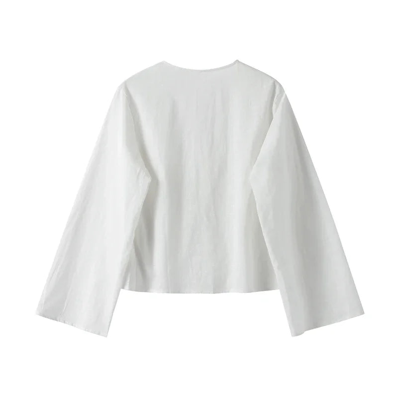 Cotton Linen Lace Up Bow Shirts Women Loose Hollow Out V Neck Long Sleeve Tops Female 2026 Spring New Lady Streetwear Top