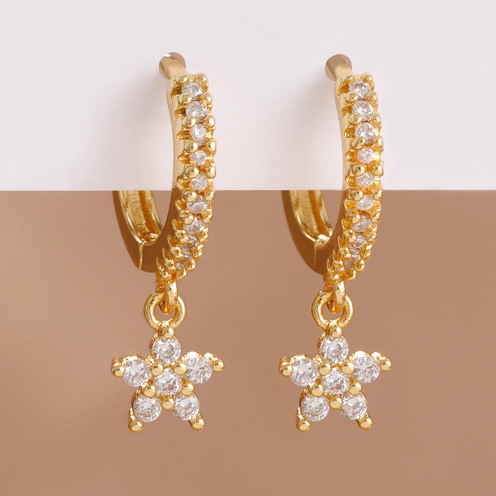 2PCS Delicate Zircon Flower Dangle Earrings For Woman Gold Plated Stainless Steel Premium Daily Cartilage Piercing Jewelry