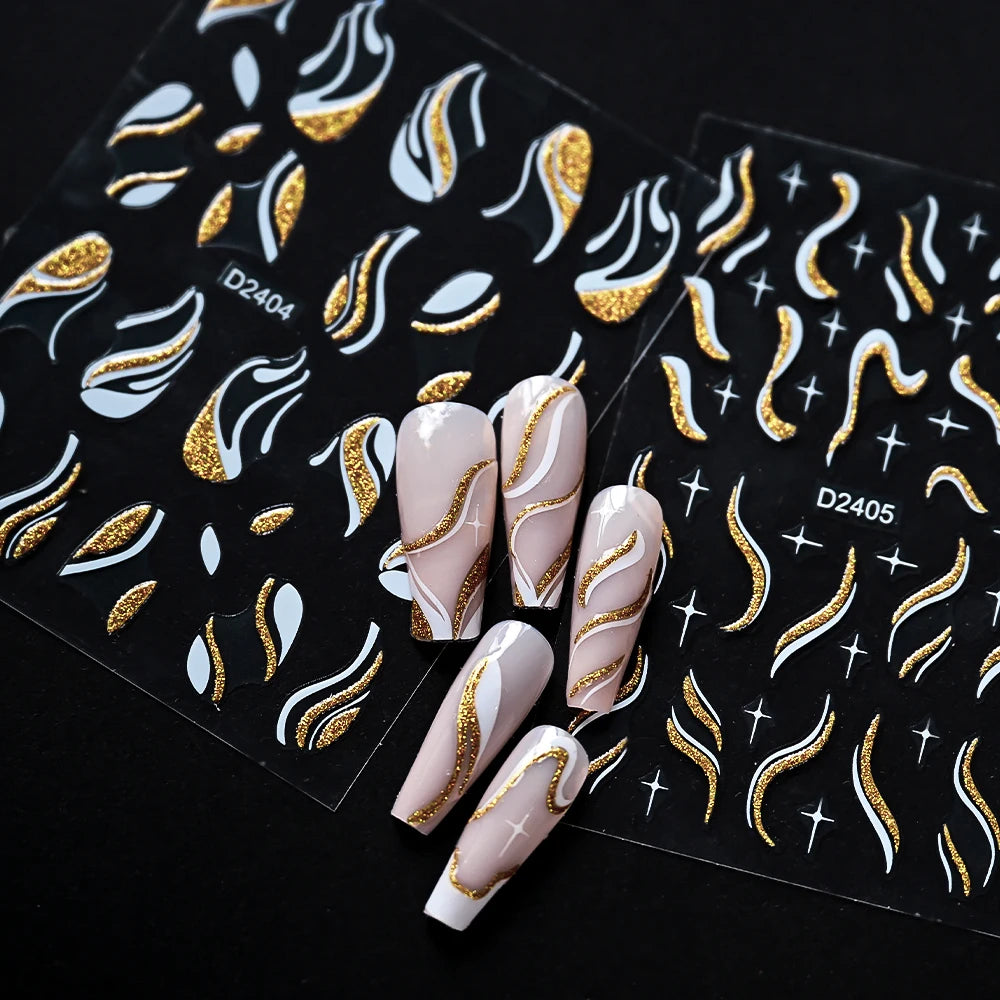 Shiny Glitter French Lines Nails Stickers Waves Curve Ribbon White Gold Stripes Manicure Decals Nails Charming Decoration NK-324