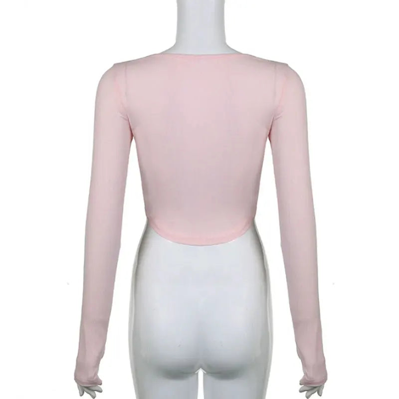 Mooyu Cute Bandage Bow Cropped Top Pink Sweet Coquette Sweet T Shirts Fall Spring Casual Square Collar Tees Women y2k Aesthetic