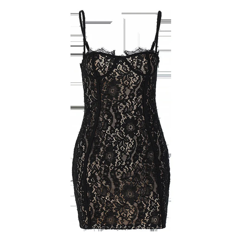 Sexy See Through Lace Spaghetti Strap Mini Dresses Women Package Hip Bodycon Party Night Club Dress Female Streetwear Vestidos
