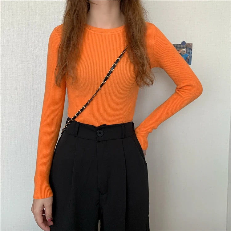 New Women Sweater  Long Sleeve Pullover Basic Top Fashion O-neck Elastic Female Winter Solid Knitted Jumper
