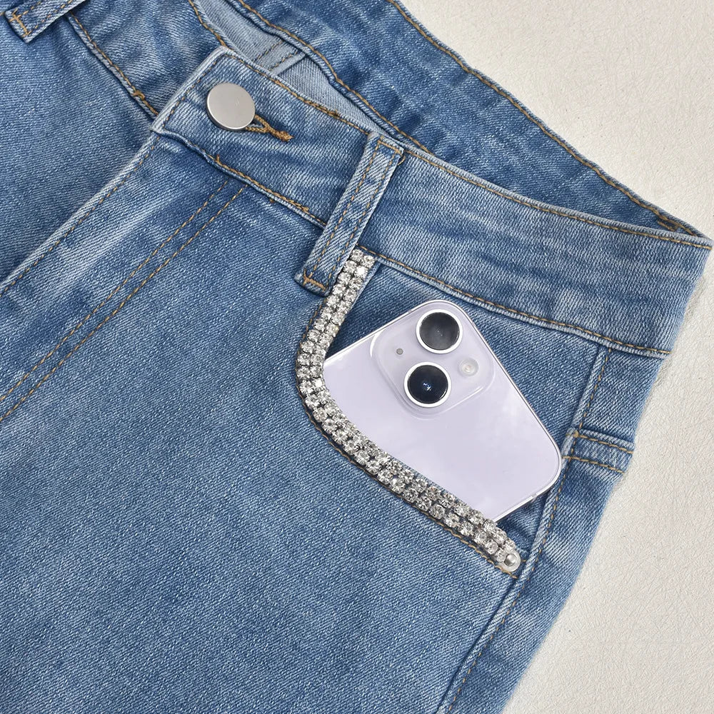 Women Stretch Jeans Ankle Length Jean Washed Denim Straight Pants High Waist Trousers Pockets Basics Hollow Solid Diamonds