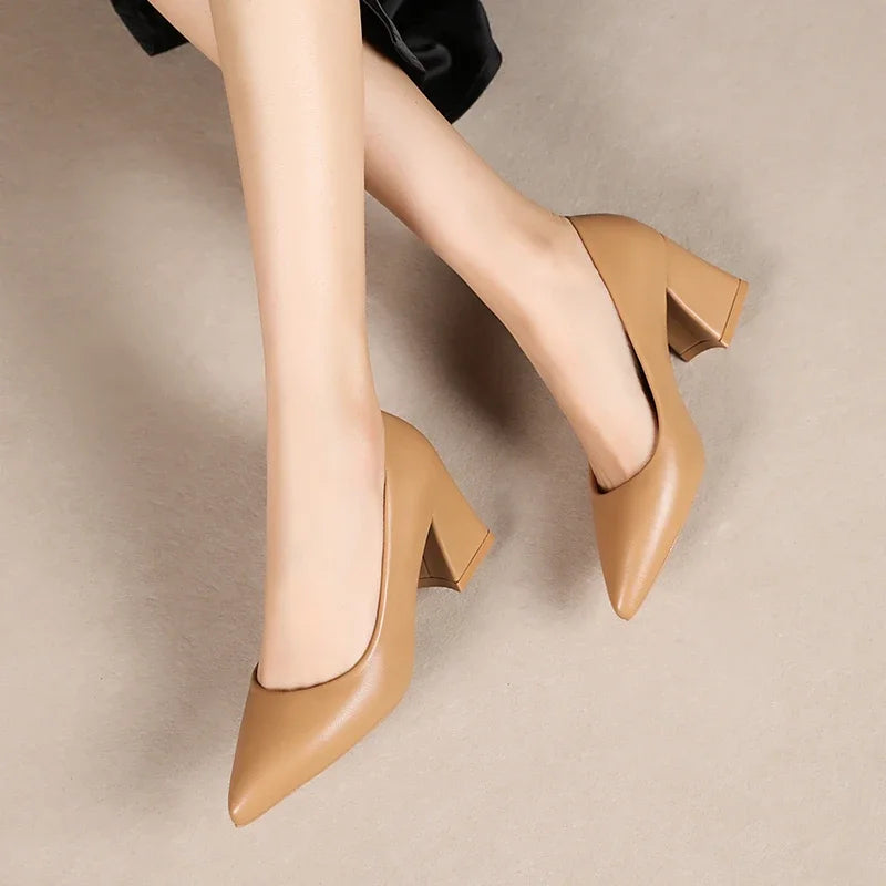 Large high-heeled shoes women new style thick-heeled pointed light-mouthed single black mid-heeled working women's shoes