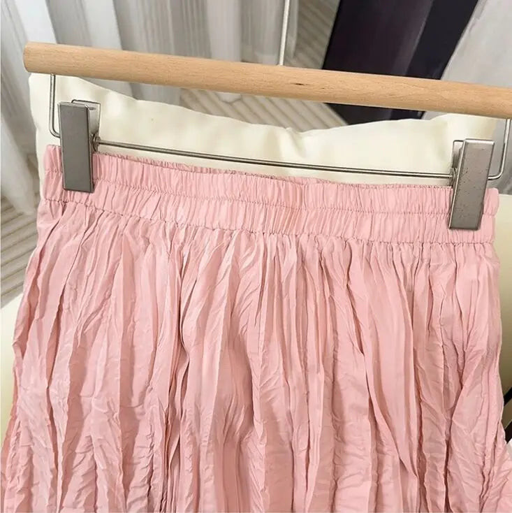 Spring Summer Elastic Waist Skirts Women Wrinkled Soft Solid A Line Long Skirt With Linning