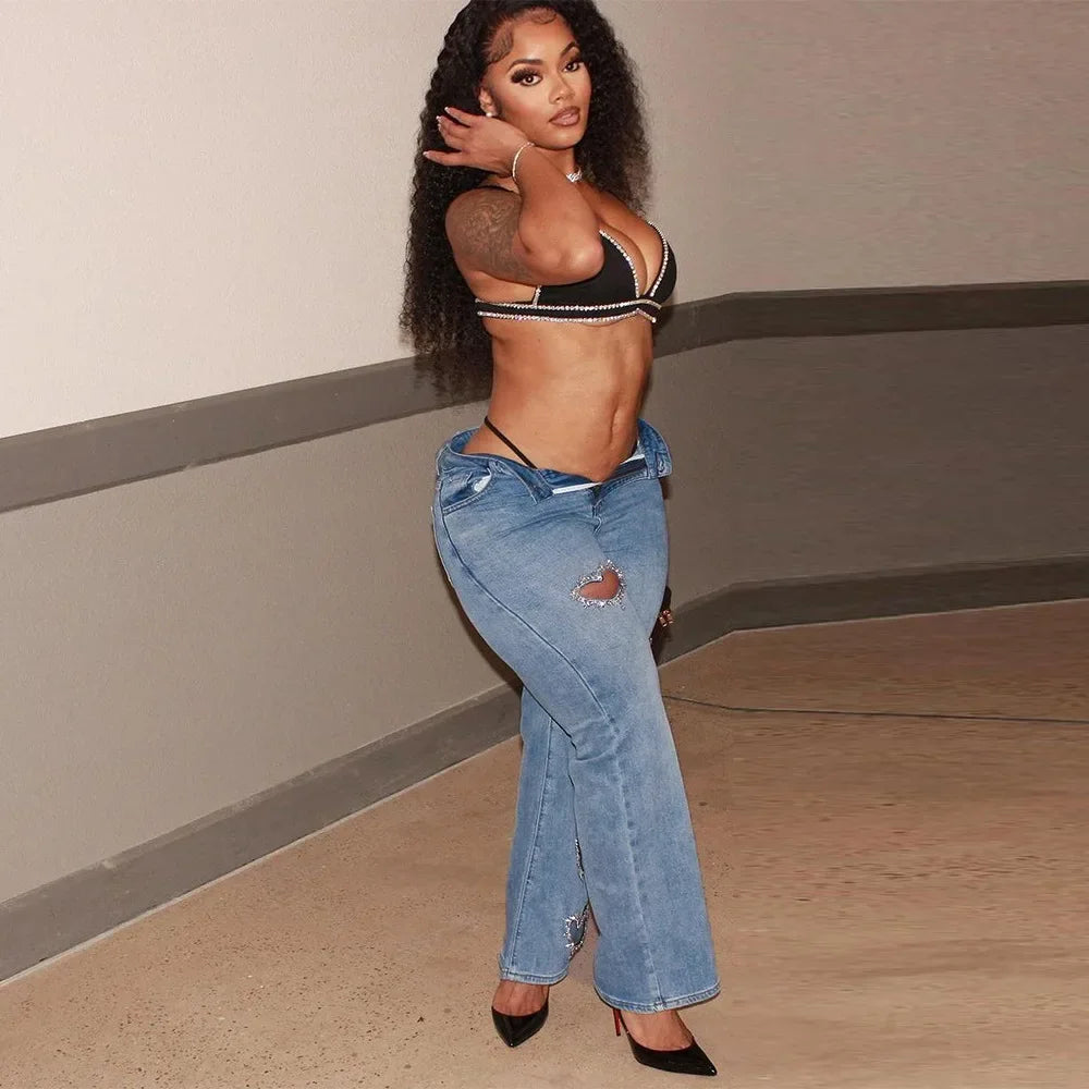 Women Stretch Jeans Ankle Length Jean Washed Denim Straight Pants High Waist Trousers Pockets Basics Hollow Solid Diamonds