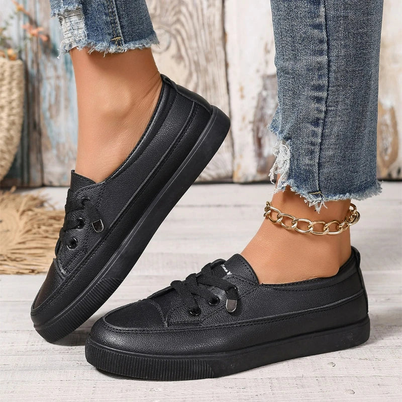 Women Sneakers Pu Leather Casual Shoes Round Toe Shallow Flat Shoes Fashion Outdoor Loafers White Slip On Women Vulcanize Shoes