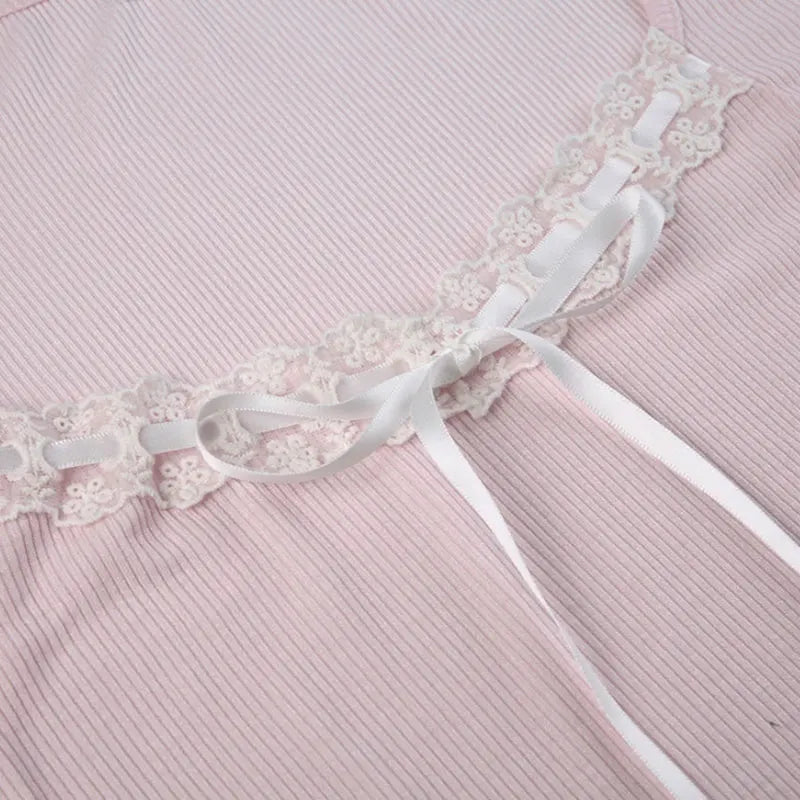 Mooyu Cute Bandage Bow Cropped Top Pink Sweet Coquette Sweet T Shirts Fall Spring Casual Square Collar Tees Women y2k Aesthetic