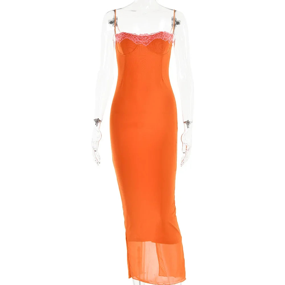 Mesh Lace Spaghetti Strap Sexy Dress Women 2024 Elegant Evening Summer Dress Backless Party Long Midi Dress Vestidos